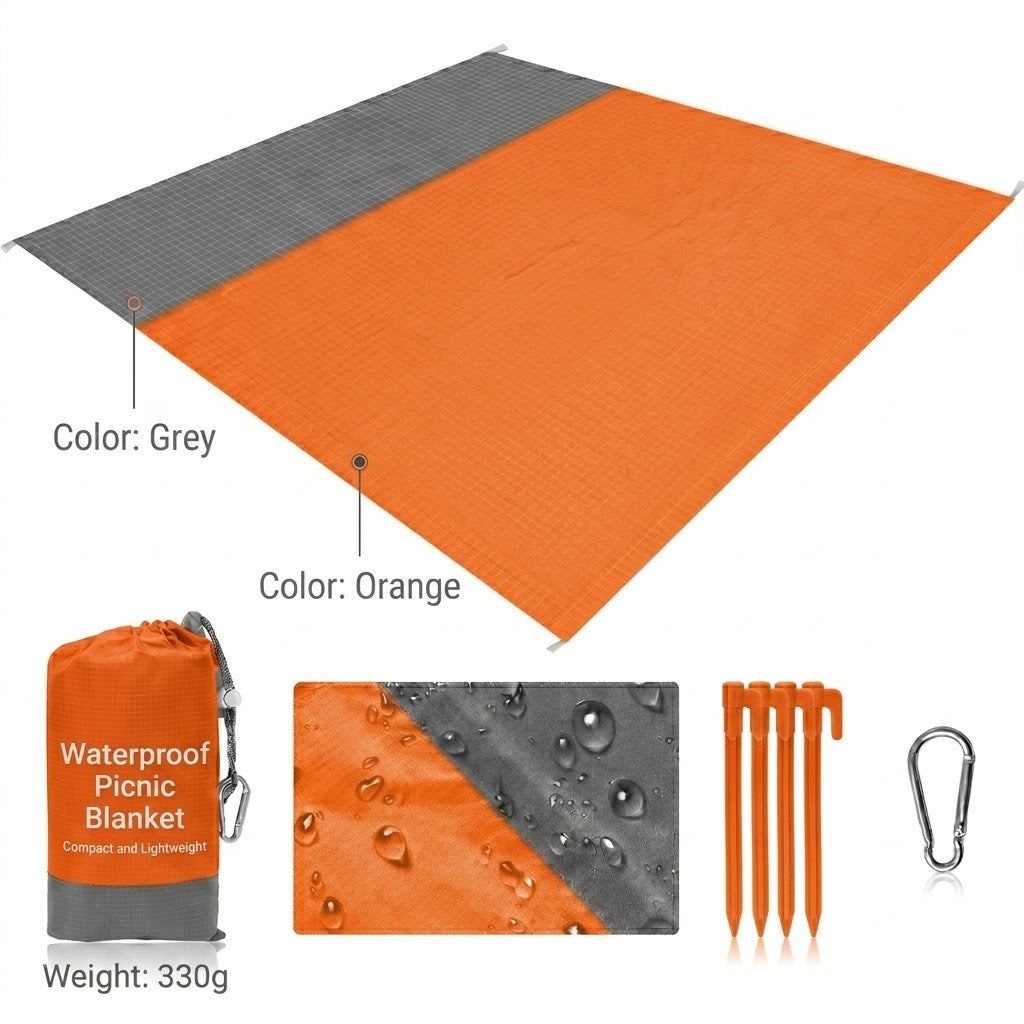 NOBRELTO waterproof beach blanket orange grey colour - 330g with pegs and carry pouch