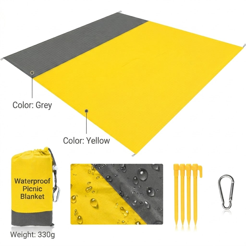 NOBRELTO waterproof beach blanket yellow grey colour - 330g with pegs and carry pouch