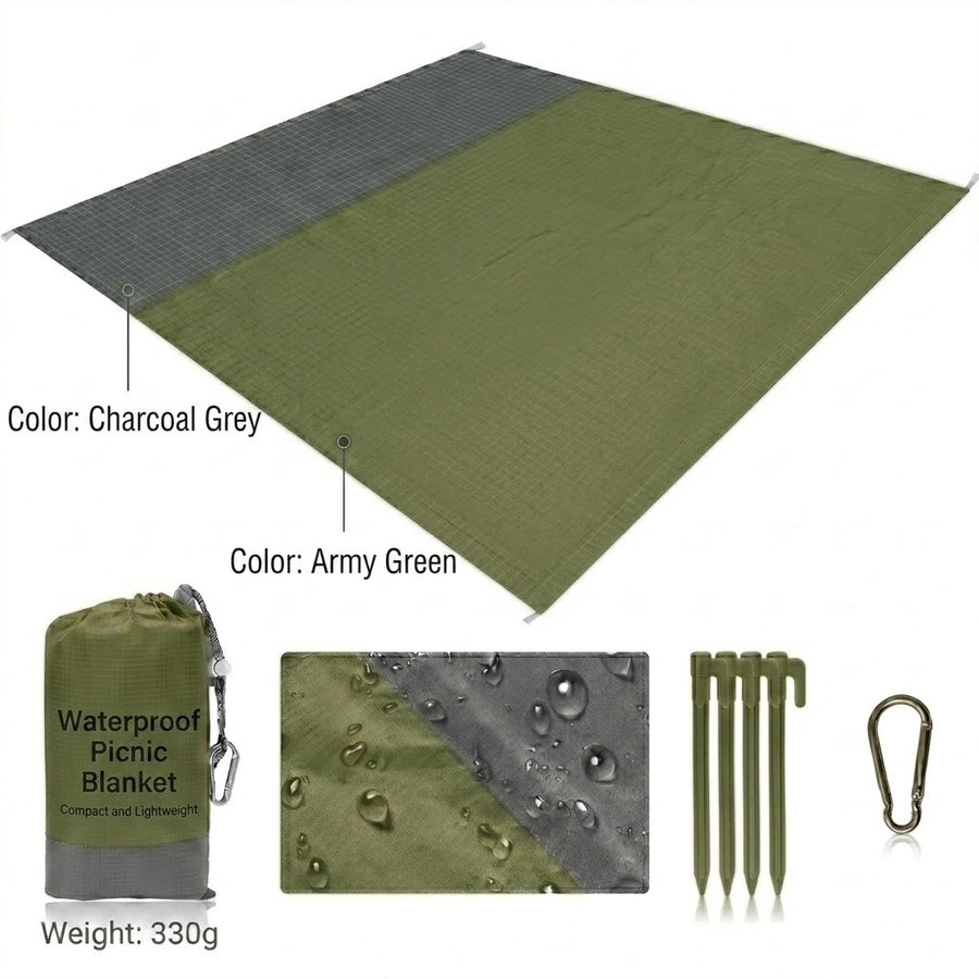 NOBRELTO waterproof beach blanket army green charcoal grey - 330g with pegs and carry pouch