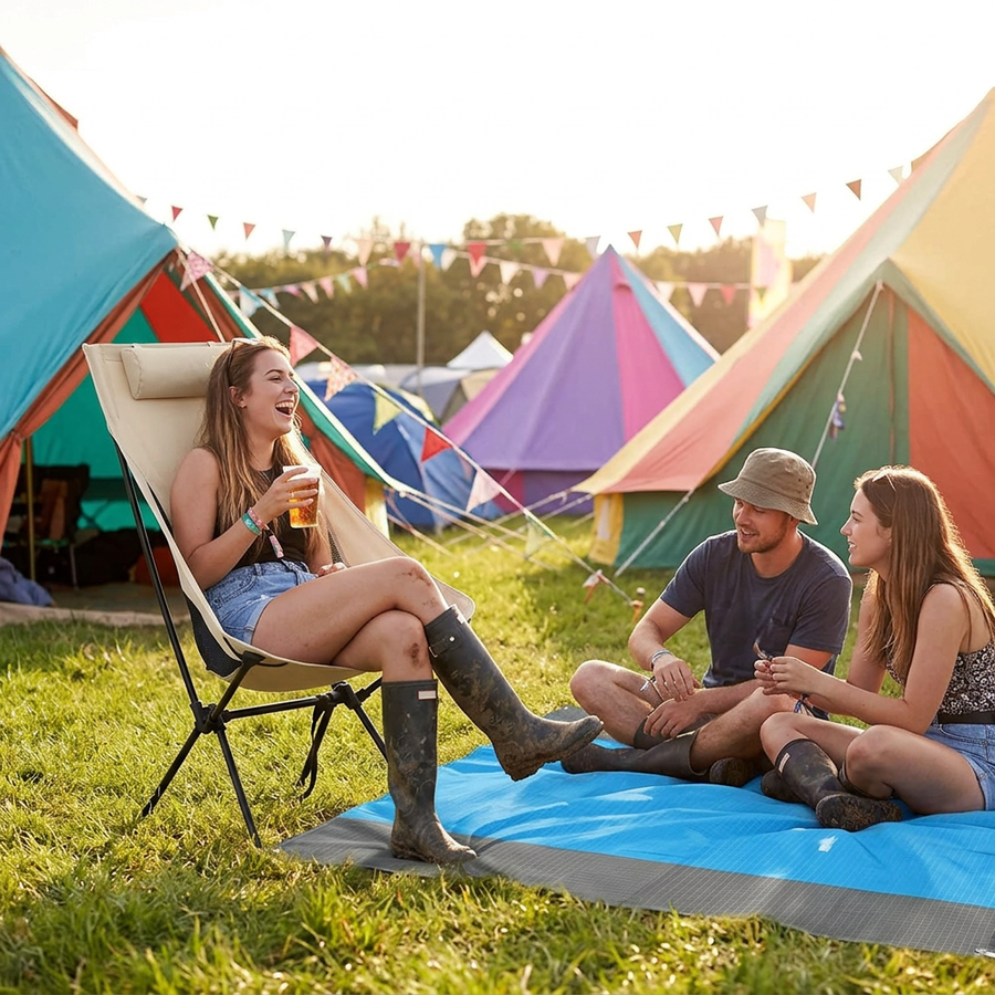 NOBRELTO folding camping chair and waterproof blanket at a UK summer festival