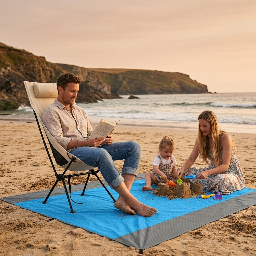 Family on the beach with the NOBRELTO folding chair and sandproof beach blanket