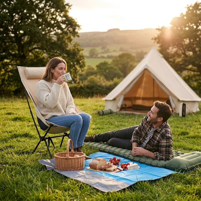 The Complete Camp Set in use — couple relaxing at a countryside camp with the folding chair, self-inflating mat and waterproof picnic blanket