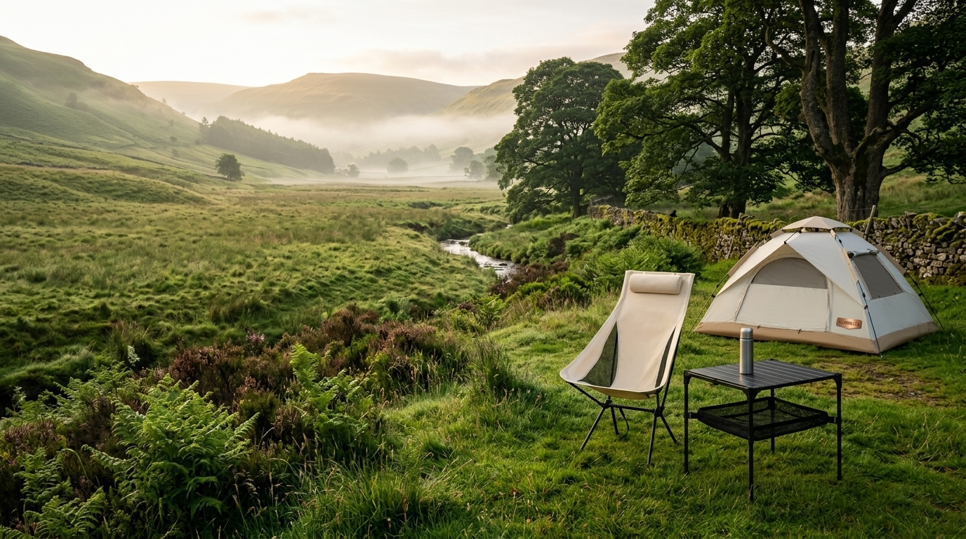 Nobrelto camp setup in a green English valley